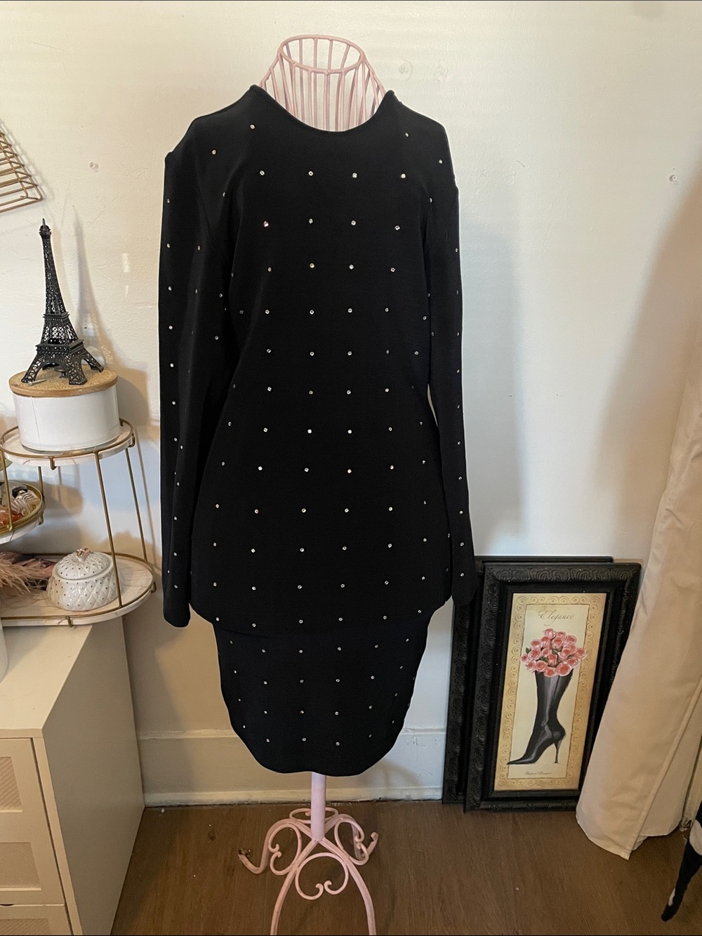 Tadashi Shoji Black Long-Sleeve Dress with Pearl Studs